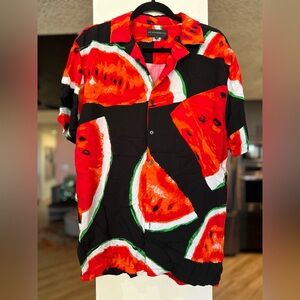 No Boundaries Bright Watermelon Print Button-Up — Black, Red, Green